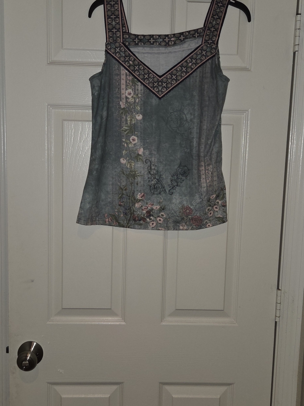 Boho Floral Teal V‑Neck Camisole with Printed Border - Picture 3 of 5
